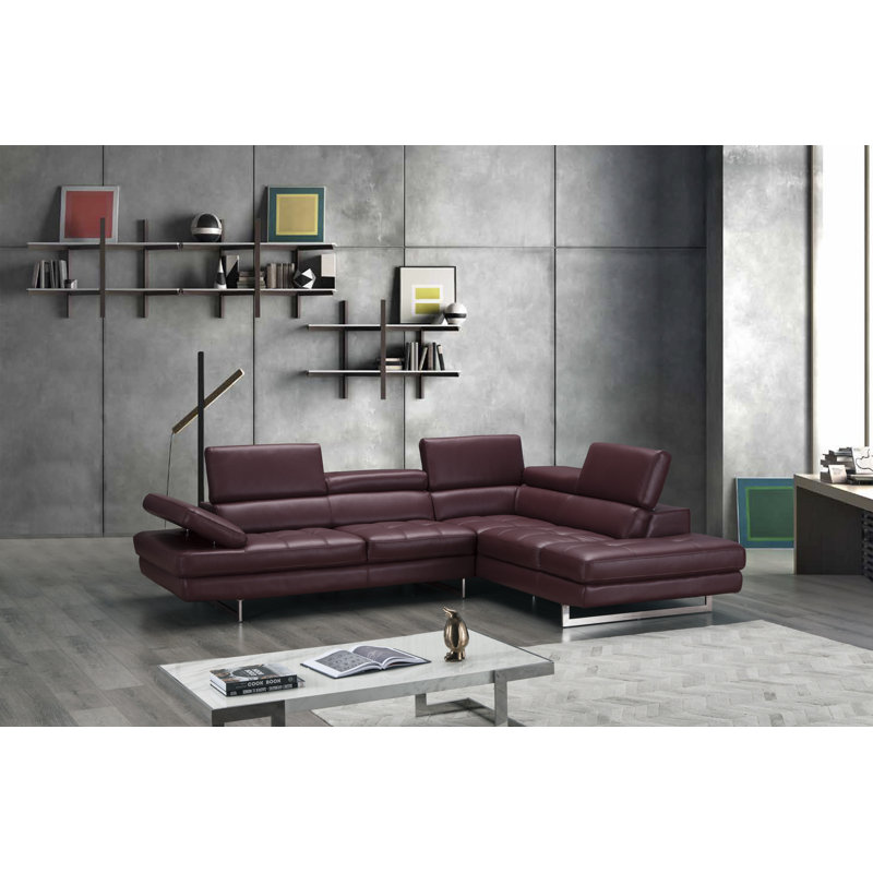 Upholstered Sectional, Right Hand Facing, Maroon Genuine Leather