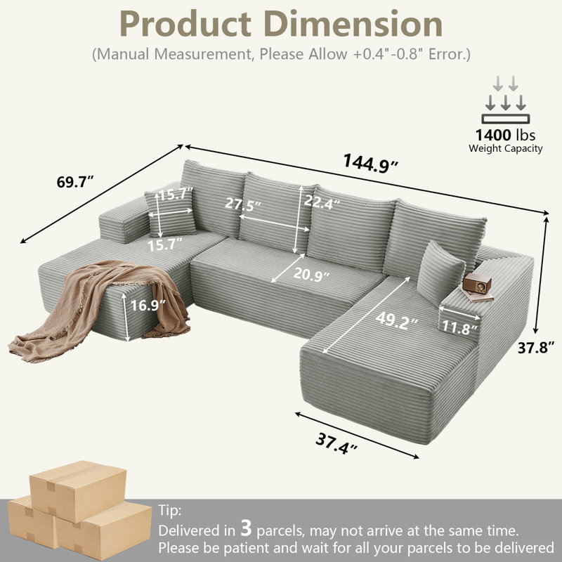 Boneless Cloud Modular Sectional Couch for Living Room, Large U-Shaped Floor Sofa Set with 6 Pillows, 144.9x69.7 Fluffy Deep-Seat Comfy Corduroy Sofa with Left & Right Chaise Lounges, No Assembly