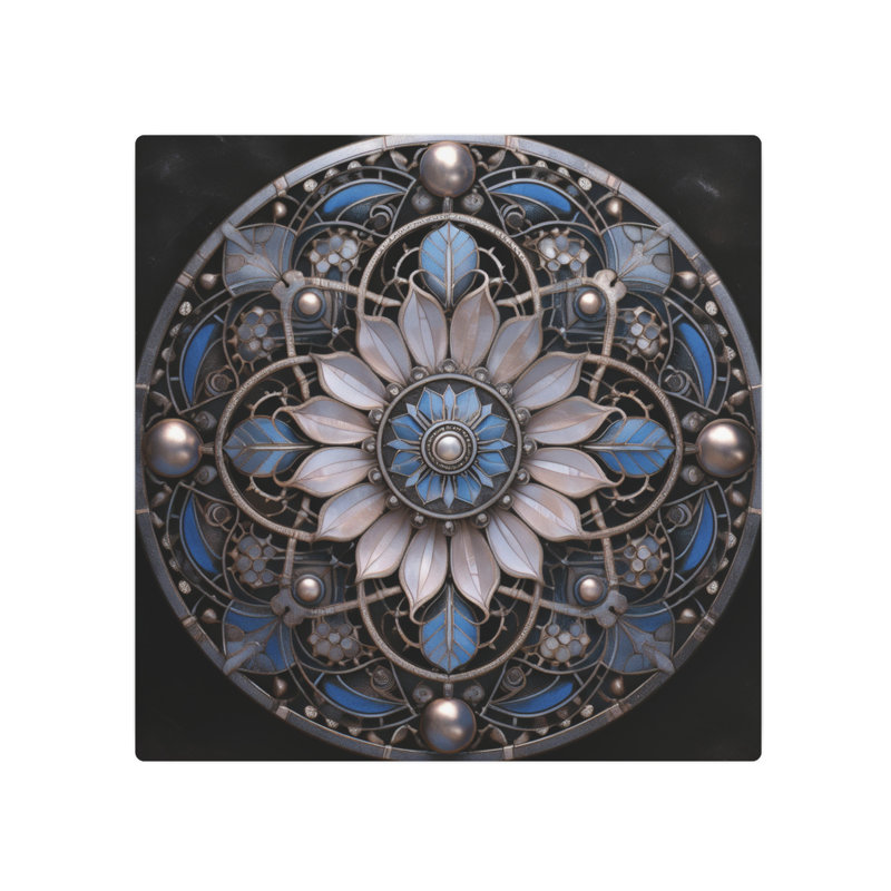 Mandala en cercle métallique, centre bleu, motif floral