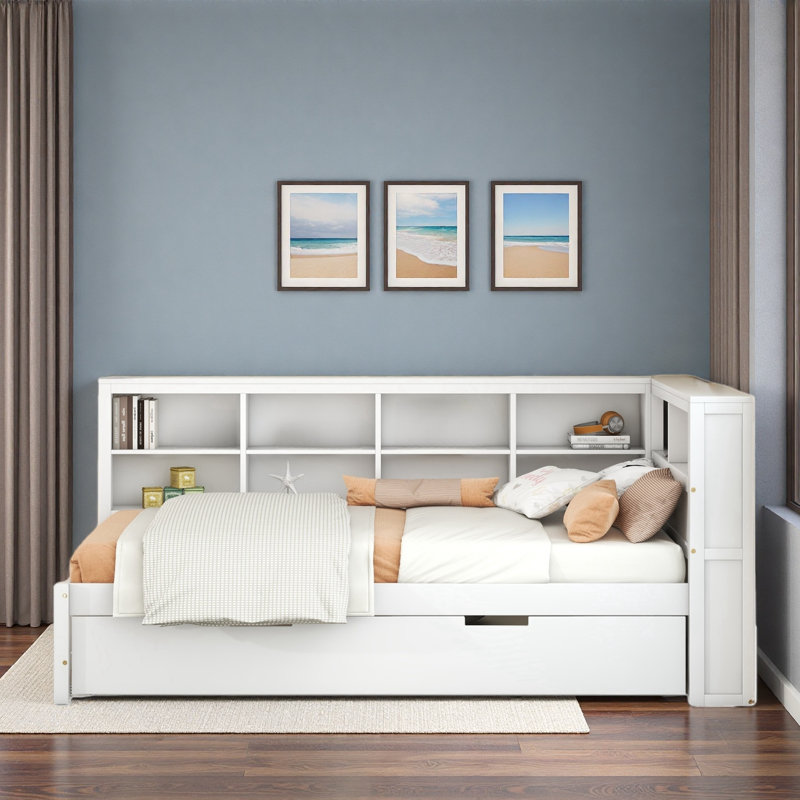 Wooden Daybed With Twin Size Trundle, Storage Shelf And Usb Charging Ports, Twin, White