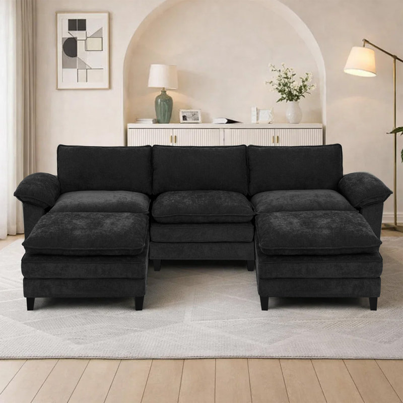 Canapé d'angle rembourré avec 2 repose-pieds, Tissu noir, H 37,4 po x l 113 po x P 61 po