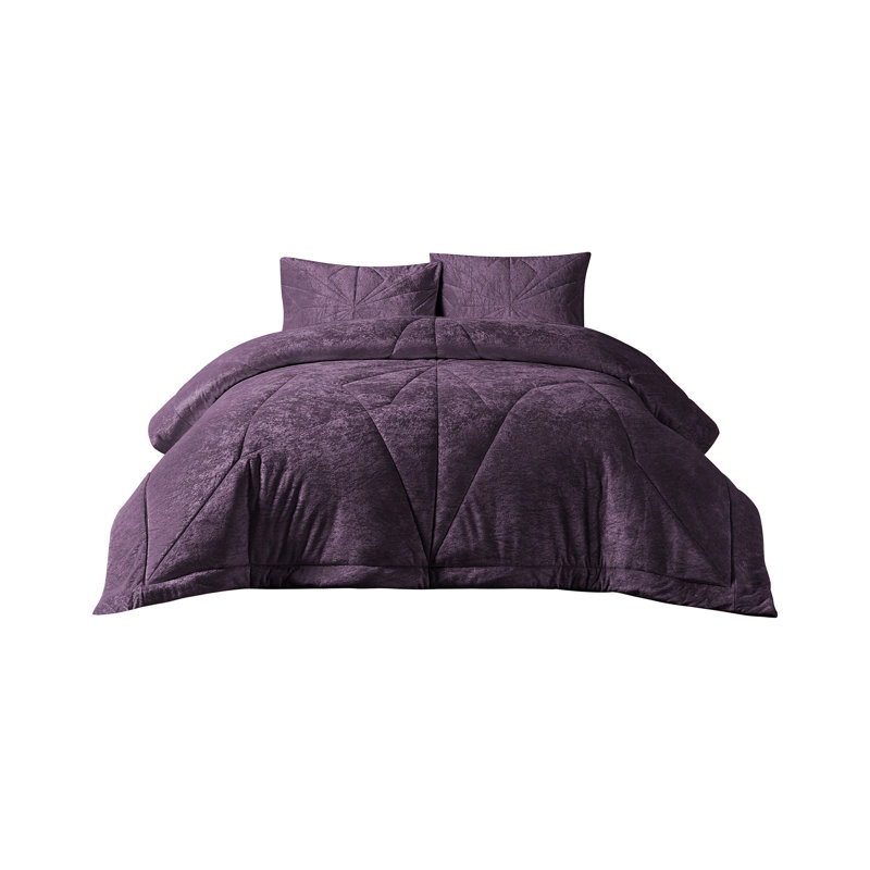 Ensemble d'édredon réversible à motif géométrique en velours 3 pièces Gabriel, Double/Grand, 3, Aubergine