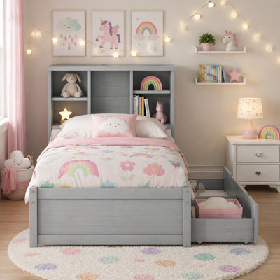 Modern Bed Frame with USB Port, Bookcase Headboard, and 2 Drawers