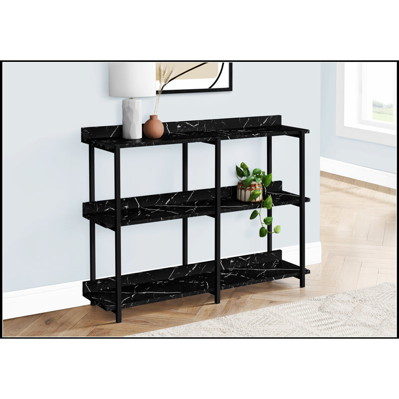 Élégante console étroite avec stratifié d'aspect marbre noir et structure en métal noir pour le vestibule ou le canapé, Noir