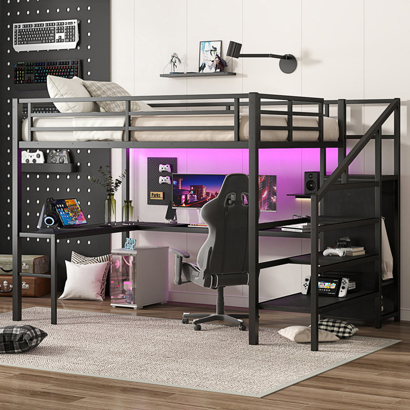 Queen Size Loft Bed With L-Shaped Desk And USB, Metal Loft Bed With Wardrobe And Adjustable Shelf