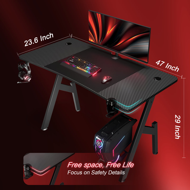  Bureau de jeu de 47 pouces avec surface en fibre de carbone Oleita, H 29 po x l 47 po x P 23,6 po