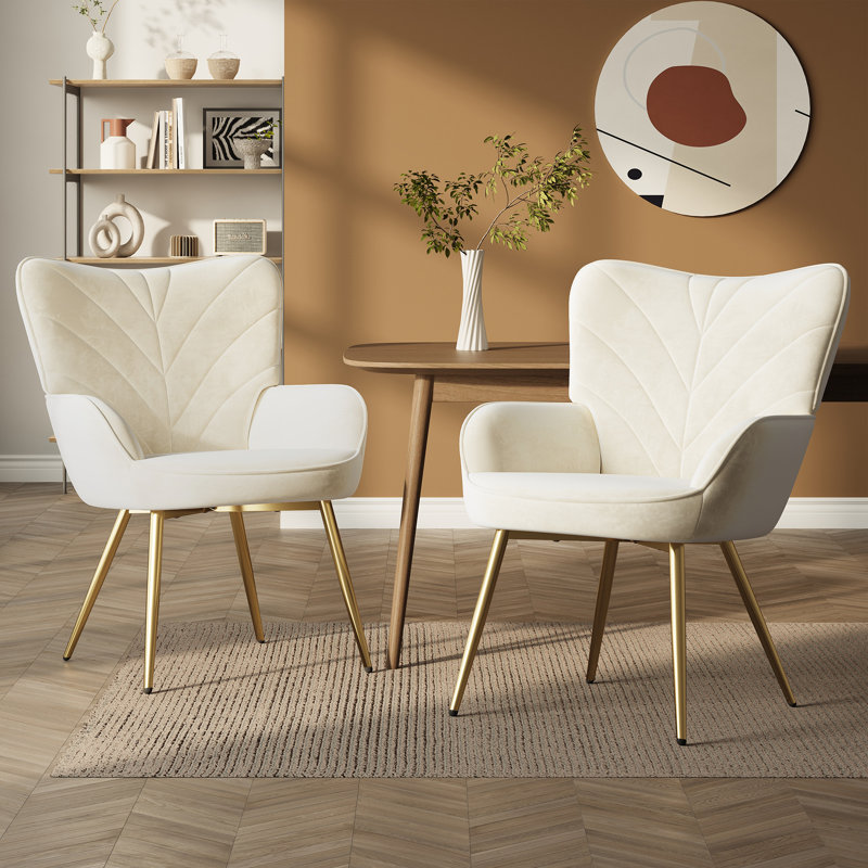 Plush Velvet Upholstered Armchair with Metal Legs, White