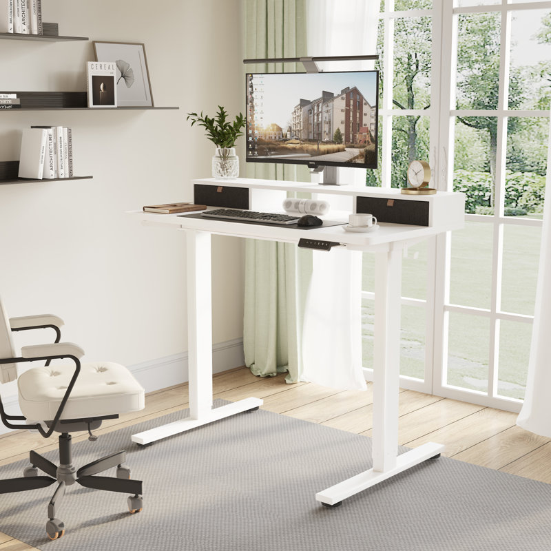 Bureau debout à hauteur réglable avec 2 tiroirs Lysandre Home Office, H 48,6 po x l 47,3 po x P 23,6 po, Blanc