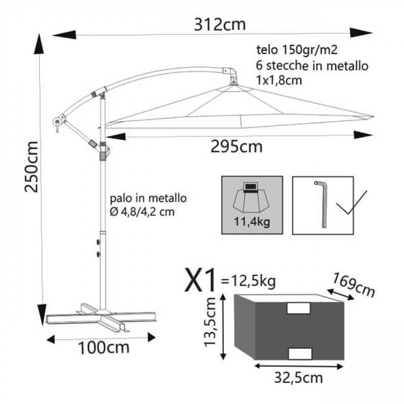 Areonia 312cm Cantilever Parasol, Black, White