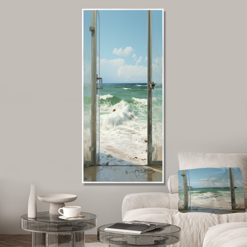 Vue sur la plage de bord de mer - art mural de fenêtres côtières, White Picture Framed, 44" H x 34" W
