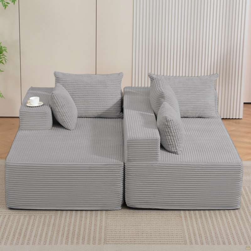 Canapé modulaire modulaire avec méridienne en L, fauteuils en velours côtelé, Velours côtelé gris