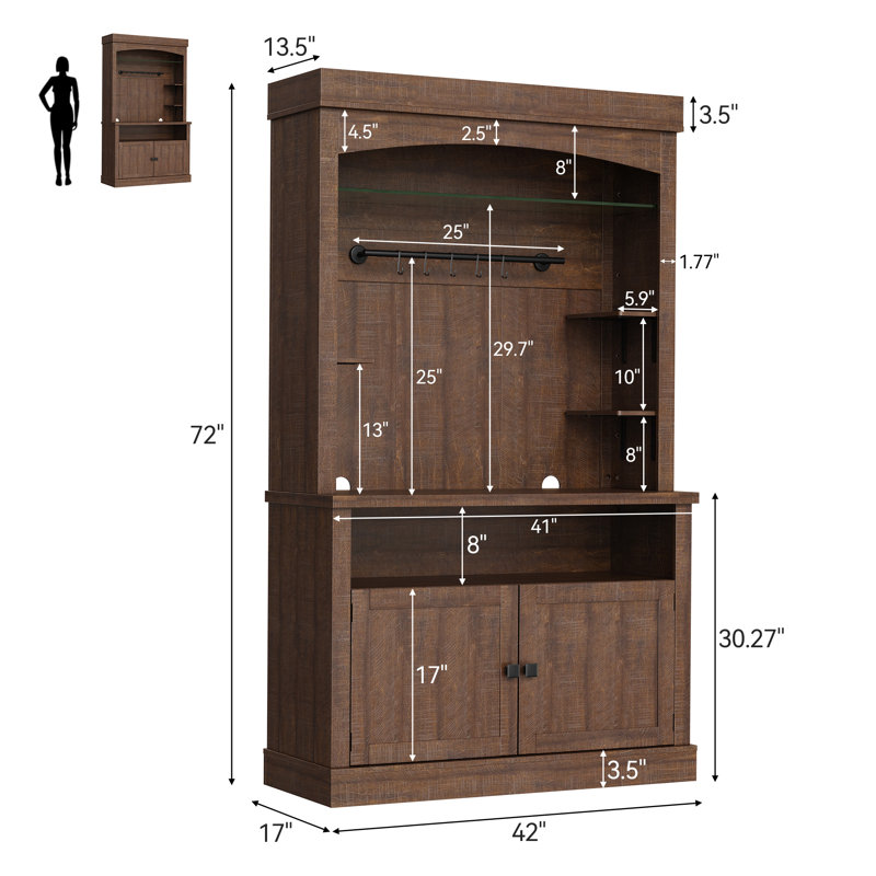 Armoire-bar 72 po avec lumières DEL, portes en verre, tablettes réglables, support à micro-ondes et buffet de rangement garde-manger