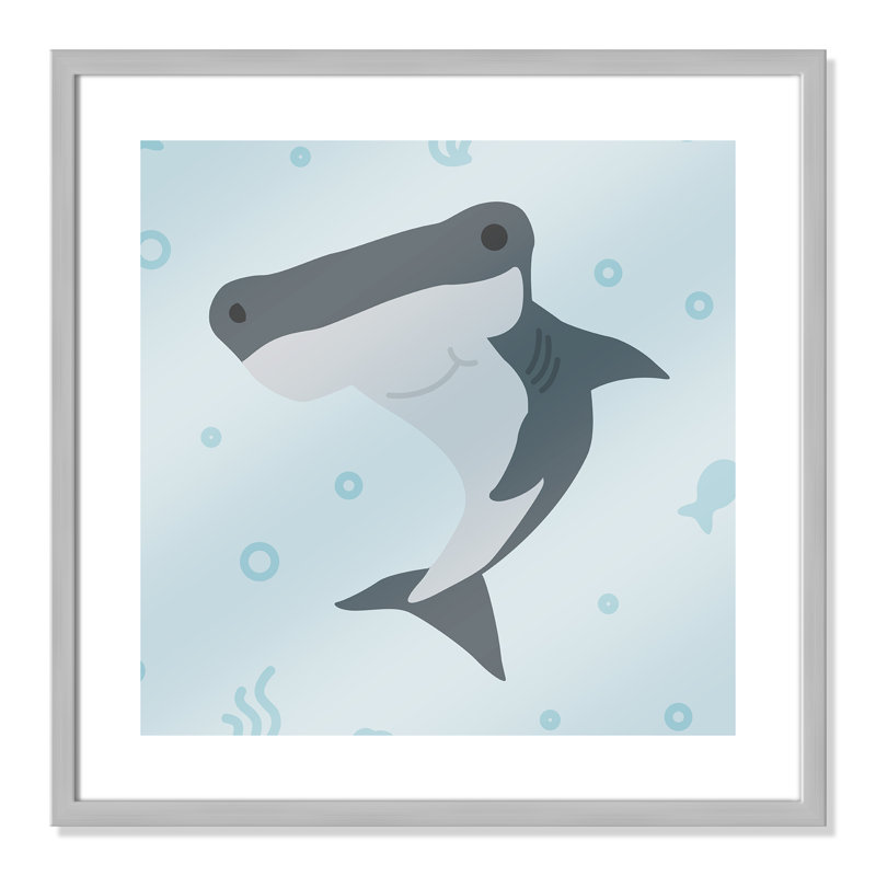 Impression sur papier Happy Hammerhead, H 22,5 po x l 22,5 po x P 1,18 po, Encadré de boîte à grain de bois blanc