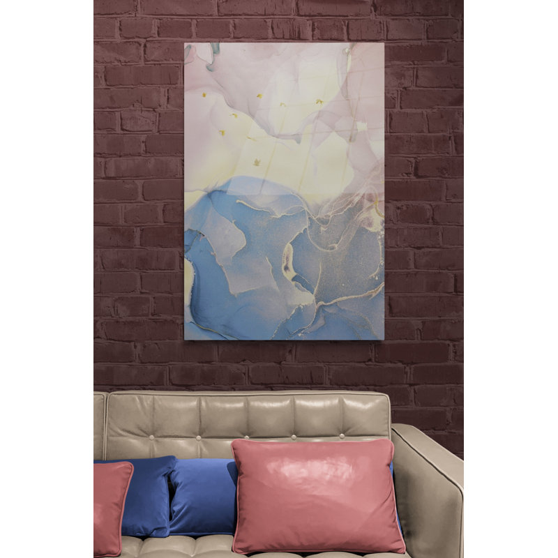 Décoration murale en verre trempé de style marbré, impression d'art moderne abstrait bleu et rose sur verre