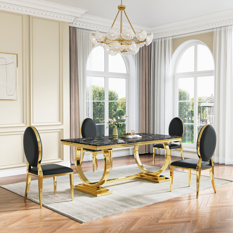 Ensemble de salle à manger moderne, ensemble de table de salle à manger en faux marbre avec chaises rembourrées, Noir et or