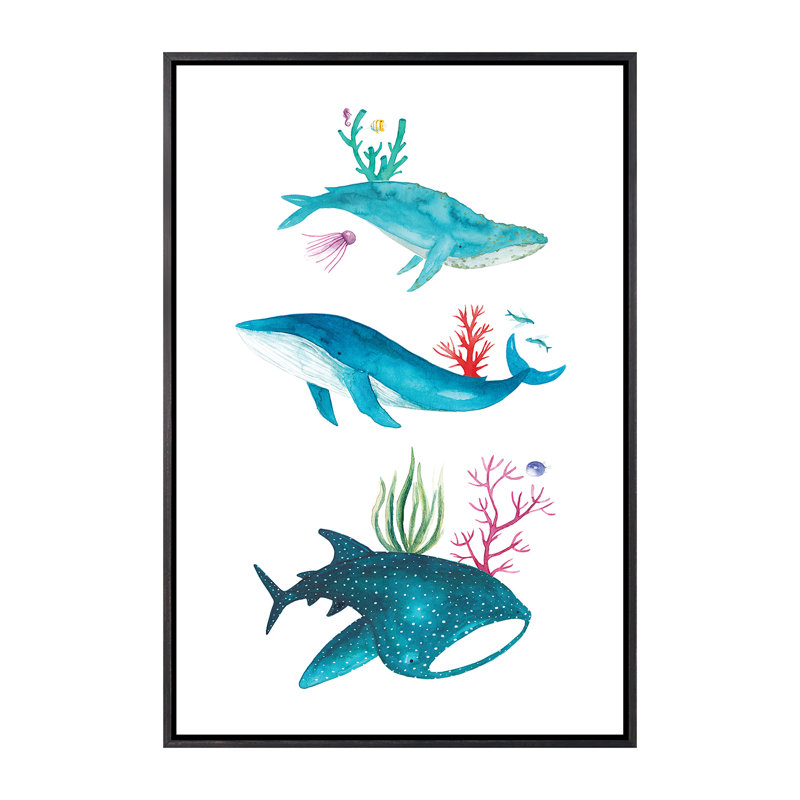 Créatures de l'océan - impression, Pas de tapis, H 40 po x l 26 po x P 1,5 po, Toile avec cadre noir patiné