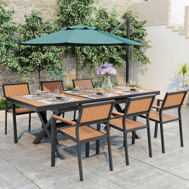 7-Piece Patio Dining Table Sets, 6-Person Outdoor Dining Set With Six Chairs And A Retractable Table, All Weather Patio Conversation Set For Backyard, Courtyard, Poolside