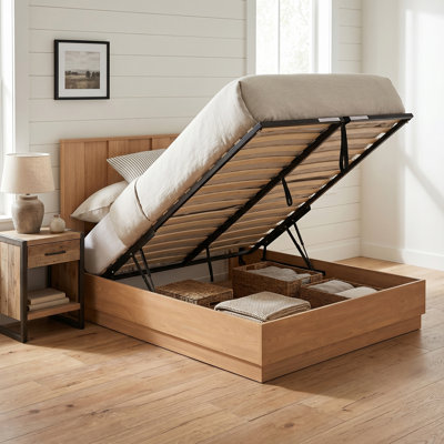 Modern Wood Platform Bed with Architectural Paneled Headboard and Lift Storage, Full, Natural Wood