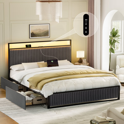 Antioch Upholstered Bed Frame with 2 Storage Drawers, Modern Platform Bed with Charging Station & LED Light, No Spring Box Needed