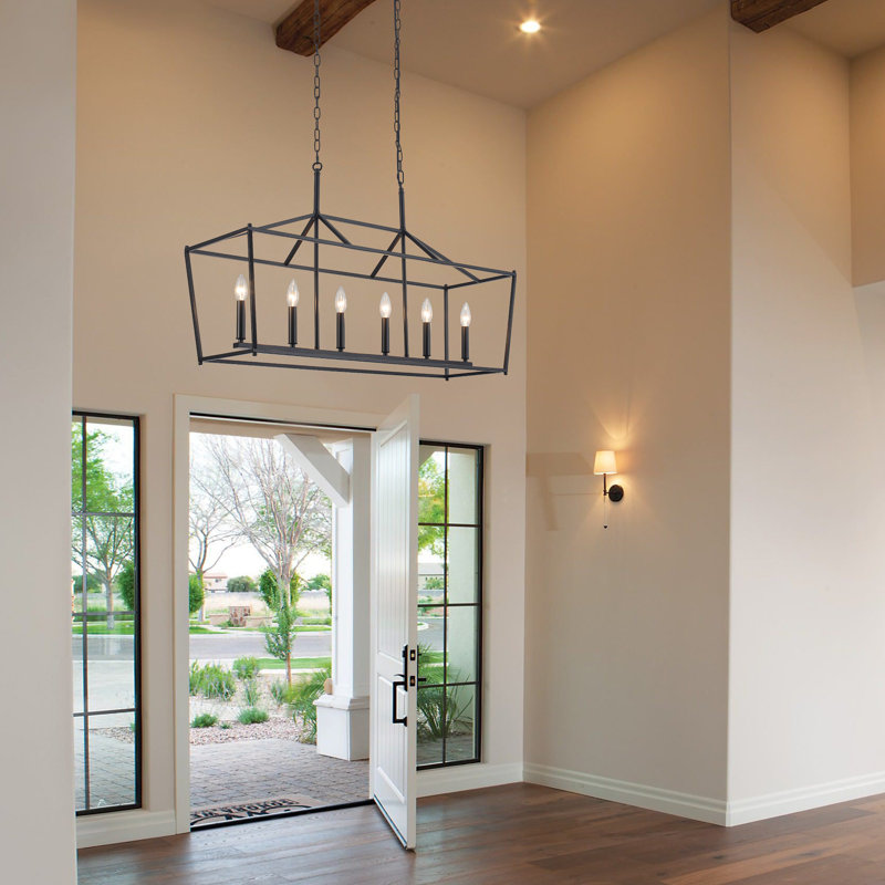 6-Light Kitchen Island Linear Chandelier, Large Farmhouse Pendant Lighting For Dining Room Over Table, Black