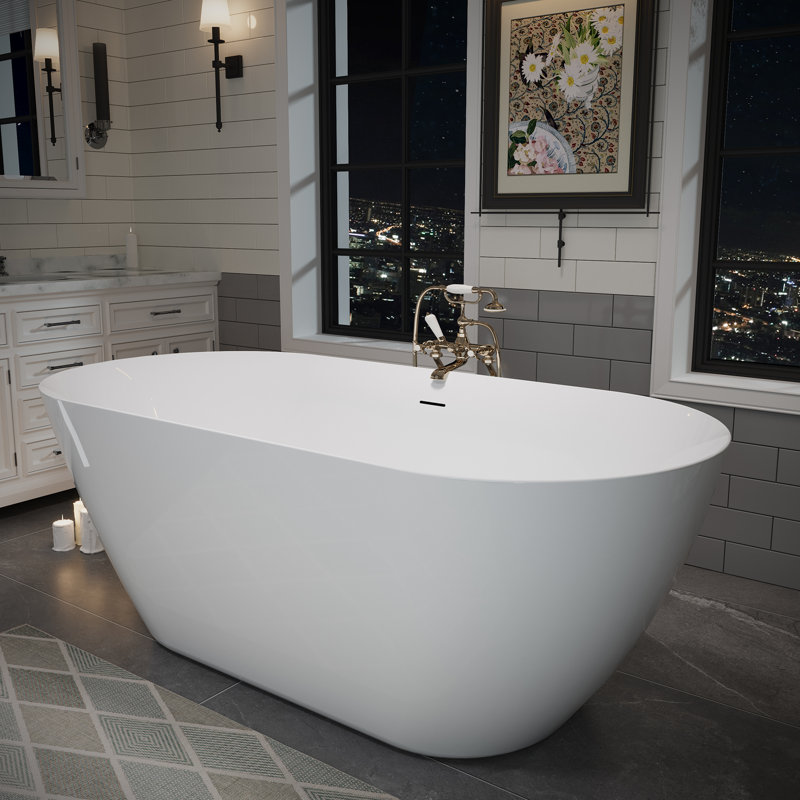 Baignoire autoportante en acrylique 60 po x 28,74 po, baignoire profonde ovale avec bonde escamotable centrale et trop-plein intégré pour spa de salle de bain, blanc brillant