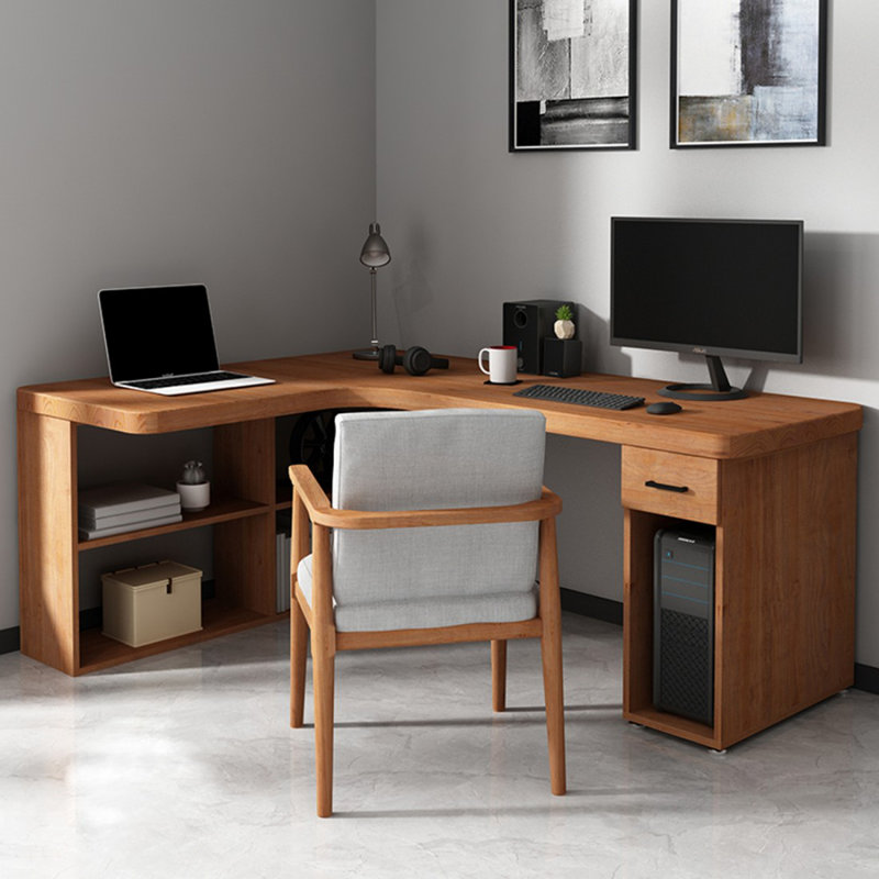 Bureau de direction brun en L en bois massif avec 1 tiroir, Retour à gauche, H 29,53 po x l 62,99 po x P 39,37 po