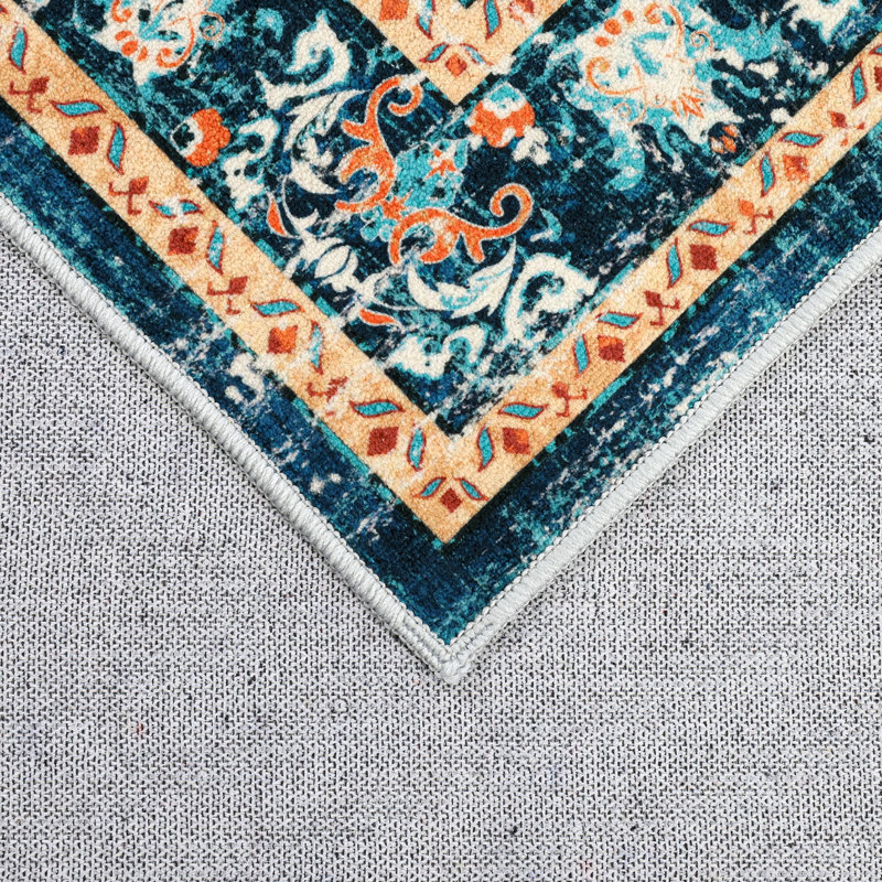 Tapis oriental antidérapant Boho, Rectangle 6 pi x 9 pi, Bleu / Orange
