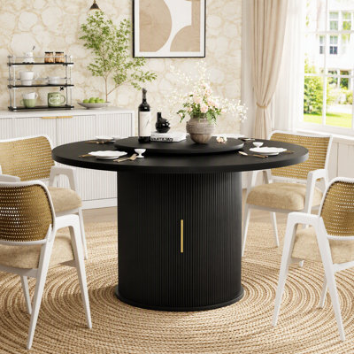 55-Inch Round Dining Table with Rotating Tray and Double-Tier Storage