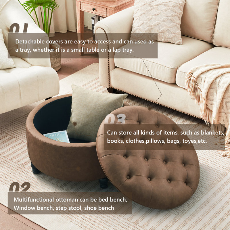 Alcott Hill® Dimitrika 30'W Faux Leather Tufted Round Storage