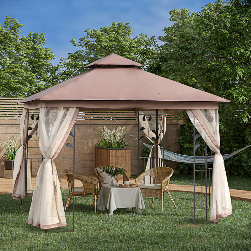 Abri de jardin en métal 10 pi x 10 pi, abri de jardin à double toit avec abri de jardin à motif d'arbres et filet, pour le jardin, la cour et la terrasse