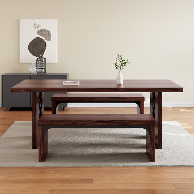 3-Piece Dining Table Set For 6-8 People, 70.8'' Rectangle Kitchen Table With 2 Benches For Breakfast Nook, Dining Room Furniture