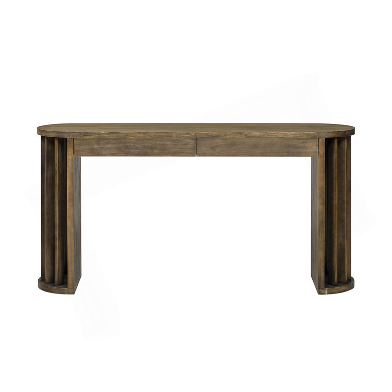 59-Inch Long Console Table,Oak Veneer Sofa Table,Curved And Straight Line Design,Behind The Couch, Farmhouse Entryway Table For Entrance, Hallway, Living Room