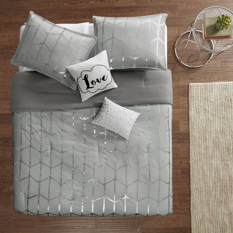 Raina Microfiber Comforter Set, Gray/Silver, Full/Queen Comforter + 2 Shams + 2 Throw Pillows