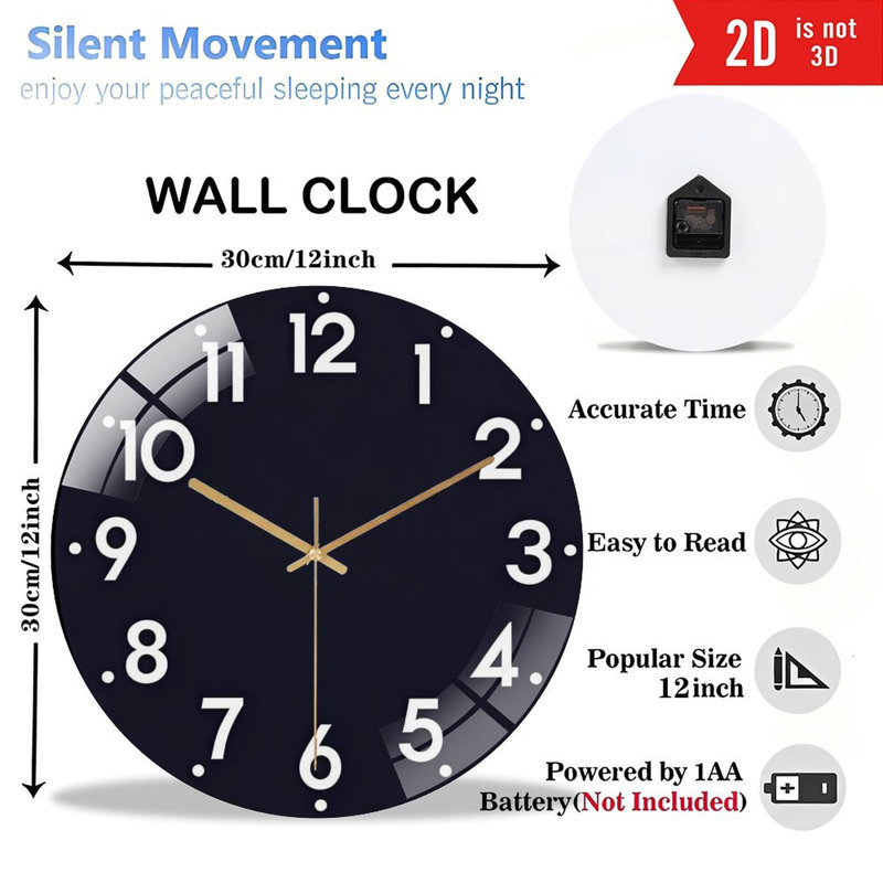 Horloge murale 12 po ronde en verre trempé avec mouvement à quartz silencieux, Petit (12 po), Noir anthracite