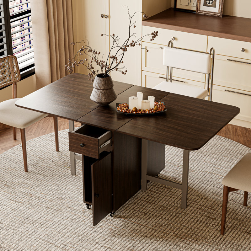 No Assembly Required, 58.9'' Folding Dining Table For Small Space, Rectangular Wooden Extendable Dinning Table With Wheels And Storage For Dining Room