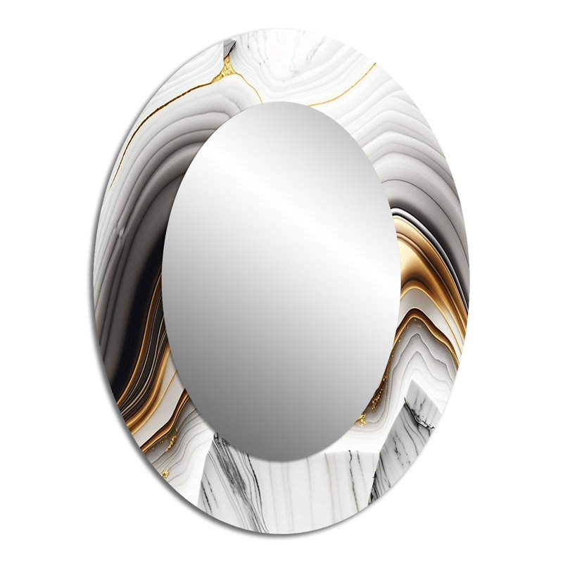 Abstrait Geode Waves Gray III - Miroir décoratif abstrait ovale sur métal, 40 po x 30 po