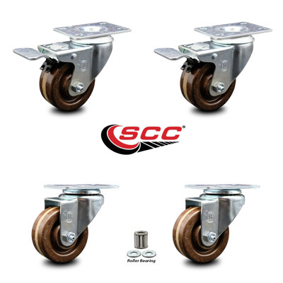 3 Inch High Temp Phenolic Wheel Swivel Top Plate Caster Set 2 Total Lock Brakes