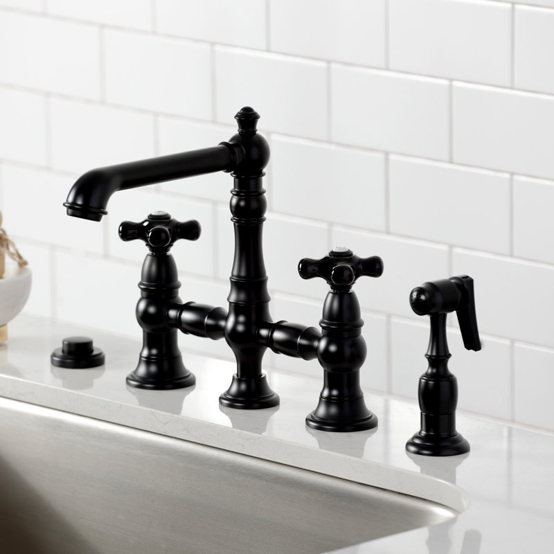 Kingston Brass Duchess Two-Handle 4-Hole Deck Mount Bridge Kitchen Faucet with Brass Side Sprayer, Matte Black