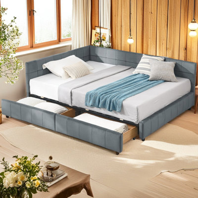 Cadre de lit double capitonné avec rangement pleine grandeur, cadre de canapé-lit avec dossier et accoudoirs confortables, lit double pour chambre à coucher, salon, velours