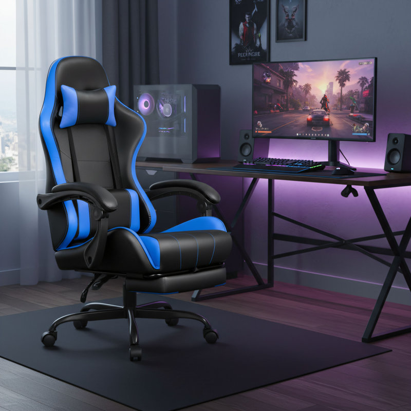 Blue Ergonomic Home/Office Chair With High Backrest, Reclining Function, Footrest, And Lumbar Support; Comfortable Leather Computer Chair