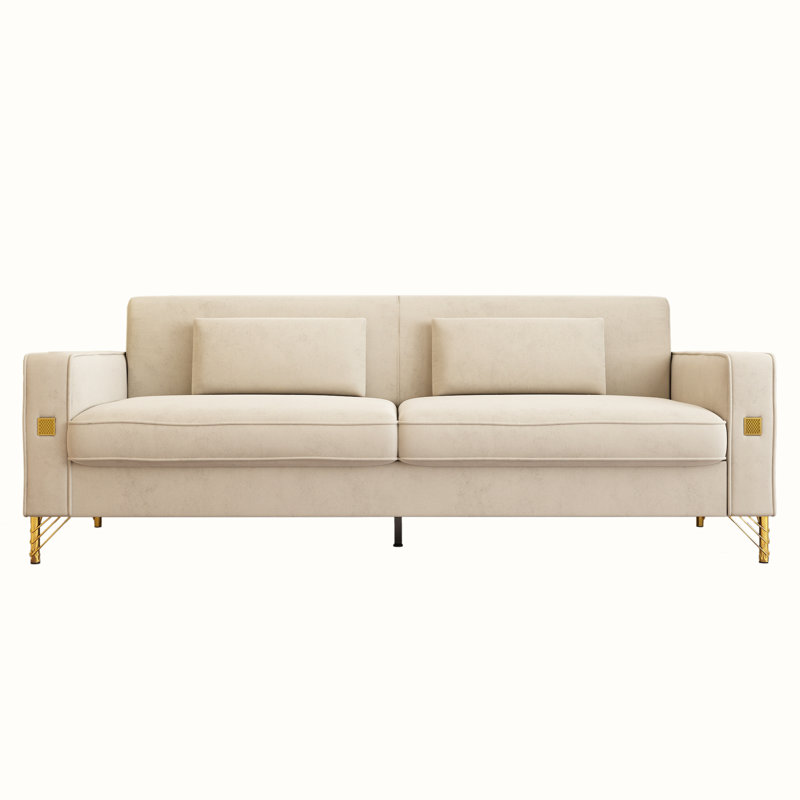 85.6" Modern Velvet 3-Seater Sofa, High-Resilience Foam Cushion, Gold Legs, Includes 2 Pillows, Buff