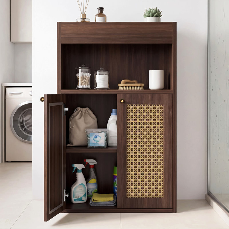 Armoire de rangement pour salle de bain avec 2 portes en rotin, autoportante avec tablette réglable et rangement ouvert pour le salon, le couloir