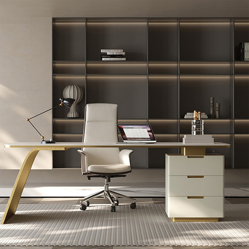 Rectangular Manufactured Wood with 3 drawers desk, 29.53" H x 55.12" W x 27.56" D, White/Gold