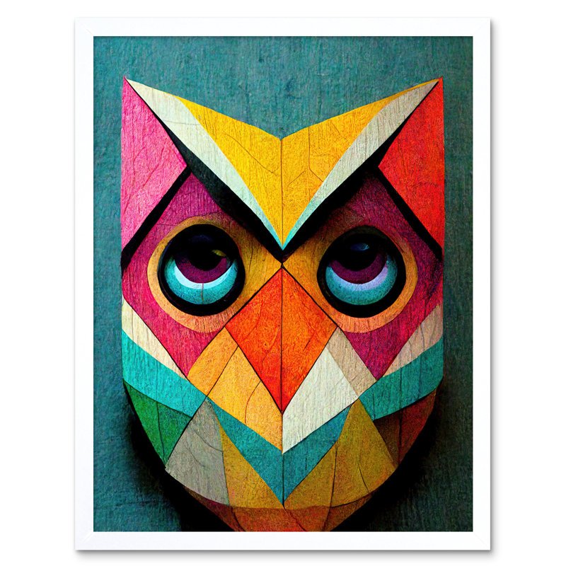 Cute Colourful Geometric Owl Bird - Print, 43cm H x 33cm W x 2cm D, White Framed Paper