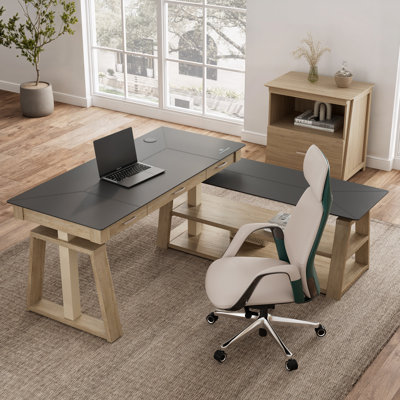 Modern Executive Office Set – 60" L-Shaped Height Adjustable Office Desk & Genuine Nappa Leather High-Back Chair Set
