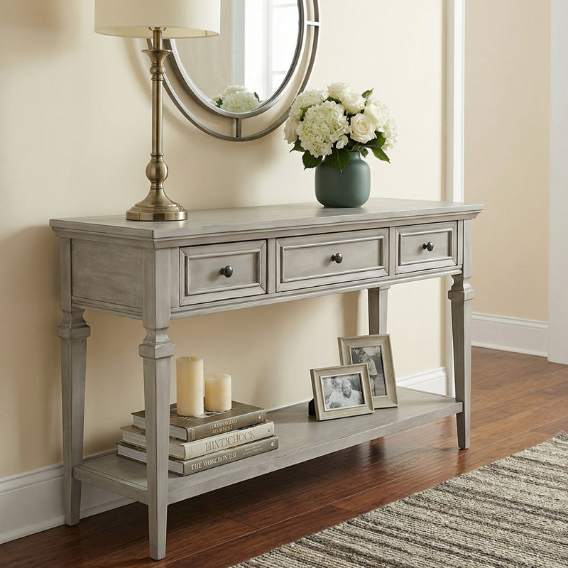 Functional Console Table With 3 Drawers And Open Bottom Shelf – Space-Saving Storage Sofe Table For Entryway, Hallway, Gray