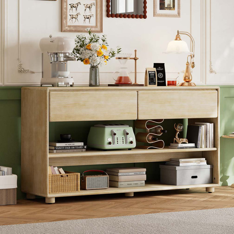 Commode 2 tiroirs avec tablettes, Bois naturel délavé