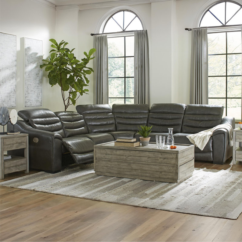 Melynn Upholstered Power Reclining Curved Sectional Symmetrical, Dark Gray Genuine Leather