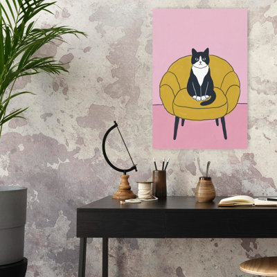 Chat noir, chaise jaune, élégant, chat moderne, architecture, art mural