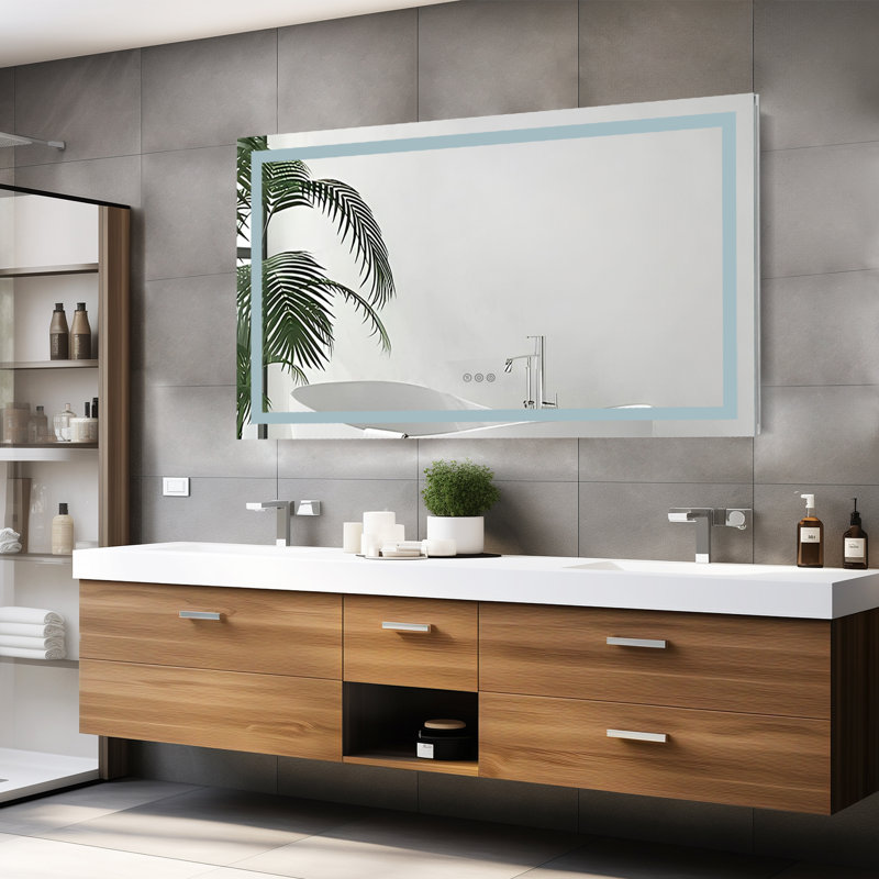 Miroir de salle de bain sans cadre à DEL avec lumières, miroir de meuble-lavabo mural anti-buée, multifonctionnel, 3 lumières à intensité variable, fonction de mémoire
